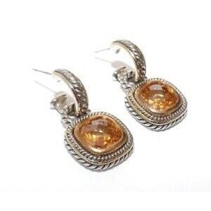 Gold & Silver tone Cable Facet Amber Glass Stone Square Dangle Drop Earrings